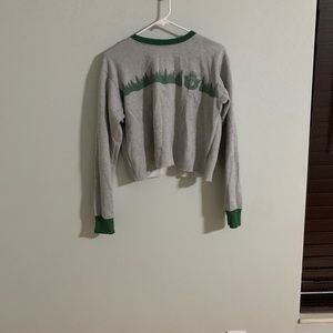 Grey and green Smokey the bear cropped sweater.